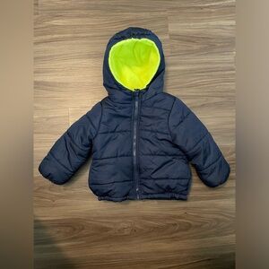 London Fog Toddler Boys Navy Blue Puffer Jacket with Lime interior size 2T